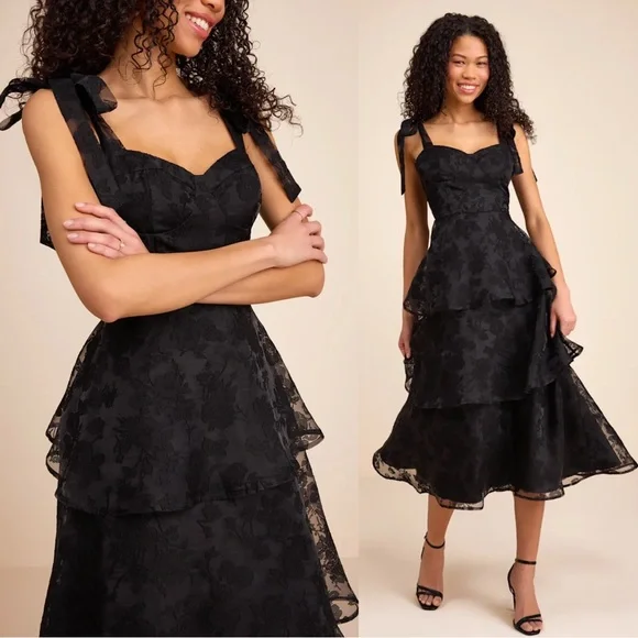 Lulus Glamorous Sweetie Black Burnout Tie-Strap Bustier Midi Dress XL LBD Floral - Picture 1 of 12